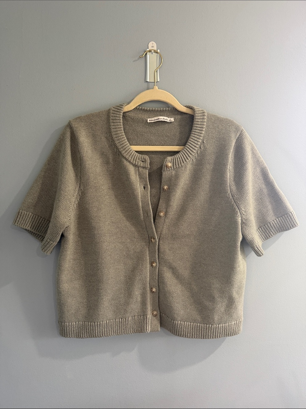 Abercrombie & Fitch Short Sleeve Button Cardigan in Taupe